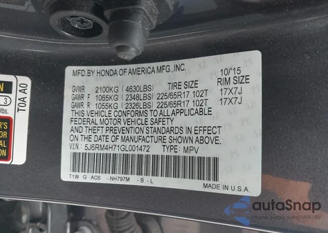 2016 Honda Cr-V Ex-L из США, поврежденный, VIN 5J6RM4H71GL001472